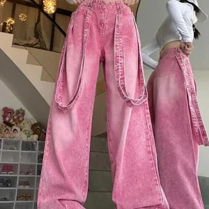 2024 Spring High Waist Pink Y2K Cargo Pants - Chic Harajuku Streetwear Wide Leg Denim Trousers