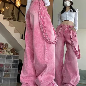 2024 Spring High Waist Pink Y2K Cargo Pants - Chic Harajuku Streetwear Wide Leg Denim Trousers