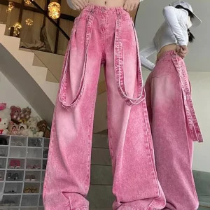 2024 Spring High Waist Pink Y2K Cargo Pants - Chic Harajuku Streetwear Wide Leg Denim Trousers