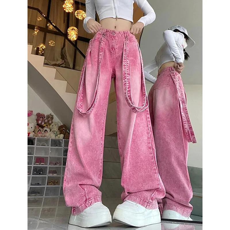 2024 Spring High Waist Pink Y2K Cargo Pants - Chic Harajuku Streetwear Wide Leg Denim Trousers