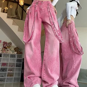 2024 Spring High Waist Pink Y2K Cargo Pants - Chic Harajuku Streetwear Wide Leg Denim Trousers