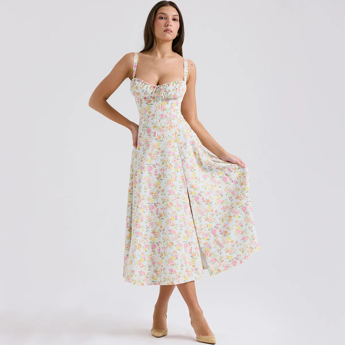 2024 Y2K Floral Print Midi Dress - Spaghetti Strap, Slit, Summer Party & Grunge Outfits