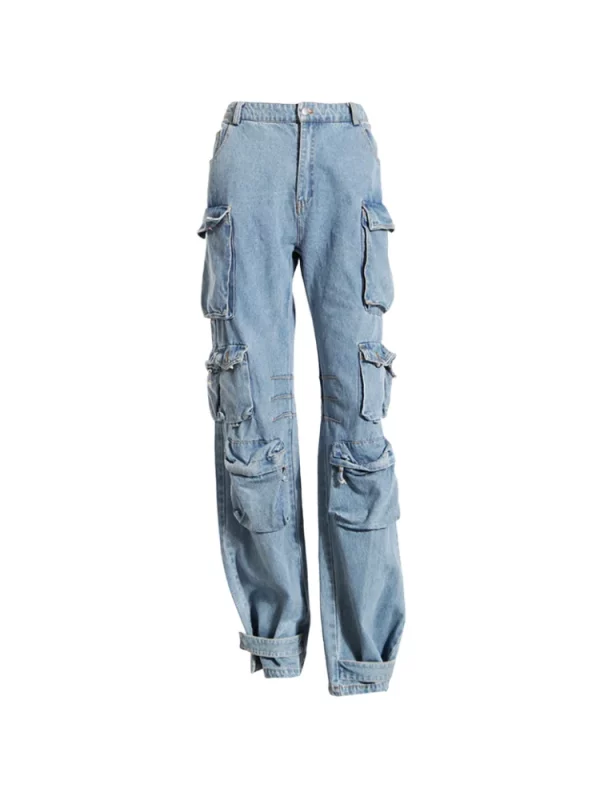 American 90s Vintage Wash Denim Cargo Pants - Y2K Streetwear Grunge Wide Leg Jeans