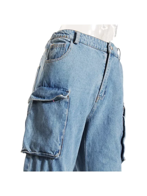 American 90s Vintage Wash Denim Cargo Pants - Y2K Streetwear Grunge Wide Leg Jeans