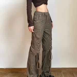 American Vintage Baddie Style Lace Up Cargo Pants - Y2K Grunge High Waist Straight Leg Trousers