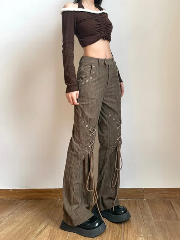 American Vintage Baddie Style Lace Up Cargo Pants - Y2K Grunge High Waist Straight Leg Trousers