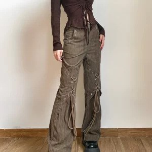 American Vintage Baddie Style Lace Up Cargo Pants - Y2K Grunge High Waist Straight Leg Trousers