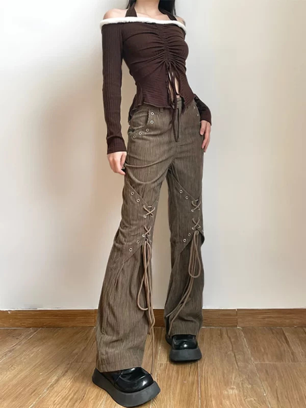 American Vintage Baddie Style Lace Up Cargo Pants - Y2K Grunge High Waist Straight Leg Trousers