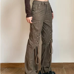 American Vintage Baddie Style Lace Up Cargo Pants - Y2K Grunge High Waist Straight Leg Trousers