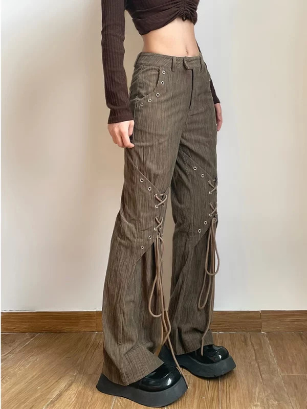 American Vintage Baddie Style Lace Up Cargo Pants - Y2K Grunge High Waist Straight Leg Trousers