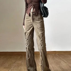 American Vintage Baddie Style Lace Up Cargo Pants - Y2K Grunge High Waist Straight Leg Trousers