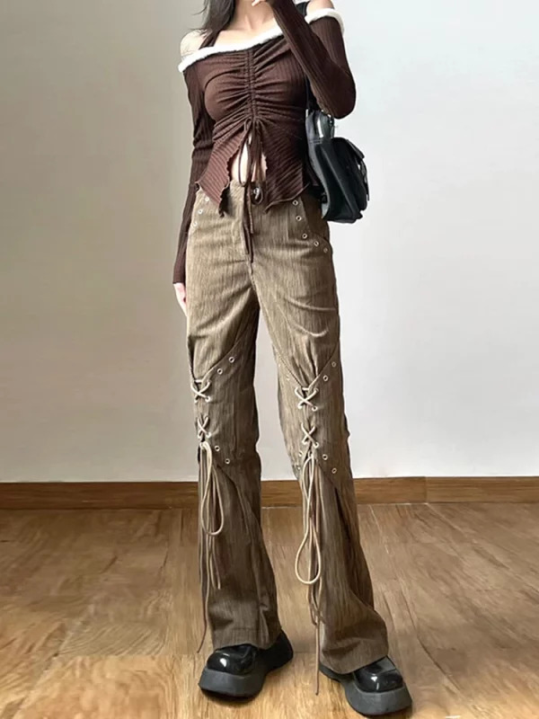 American Vintage Baddie Style Lace Up Cargo Pants - Y2K Grunge High Waist Straight Leg Trousers