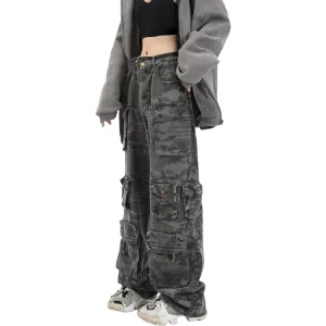 American Vintage Camouflage Denim Cargo Pants - Y2K Streetwear Grunge Wide Leg Jeans