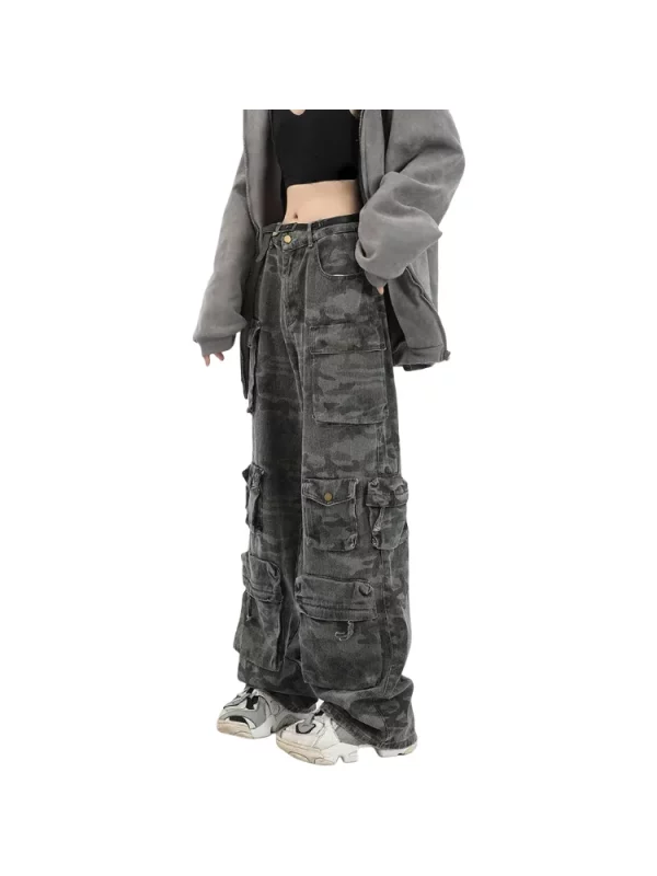 American Vintage Camouflage Denim Cargo Pants - Y2K Streetwear Grunge Wide Leg Jeans