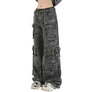 American Vintage Camouflage Denim Cargo Pants - Y2K Streetwear Grunge Wide Leg Jeans