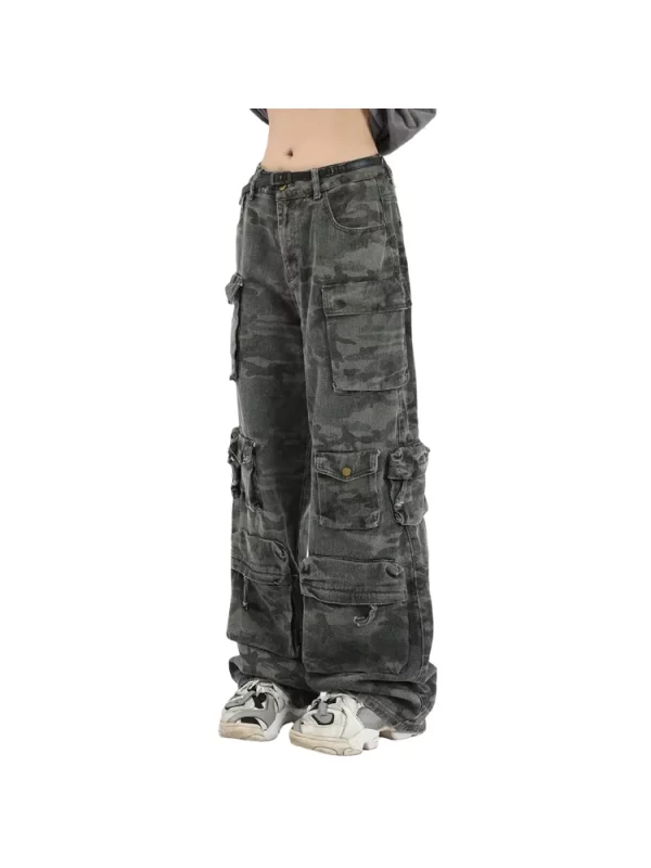 American Vintage Camouflage Denim Cargo Pants - Y2K Streetwear Grunge Wide Leg Jeans