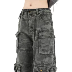 American Vintage Camouflage Denim Cargo Pants - Y2K Streetwear Grunge Wide Leg Jeans