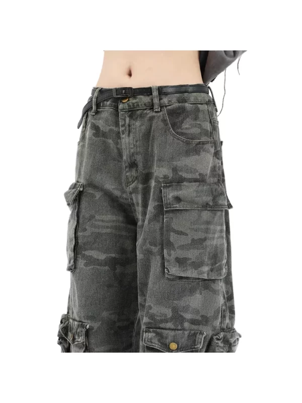 American Vintage Camouflage Denim Cargo Pants - Y2K Streetwear Grunge Wide Leg Jeans