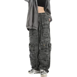 American Vintage Camouflage Denim Cargo Pants - Y2K Streetwear Grunge Wide Leg Jeans