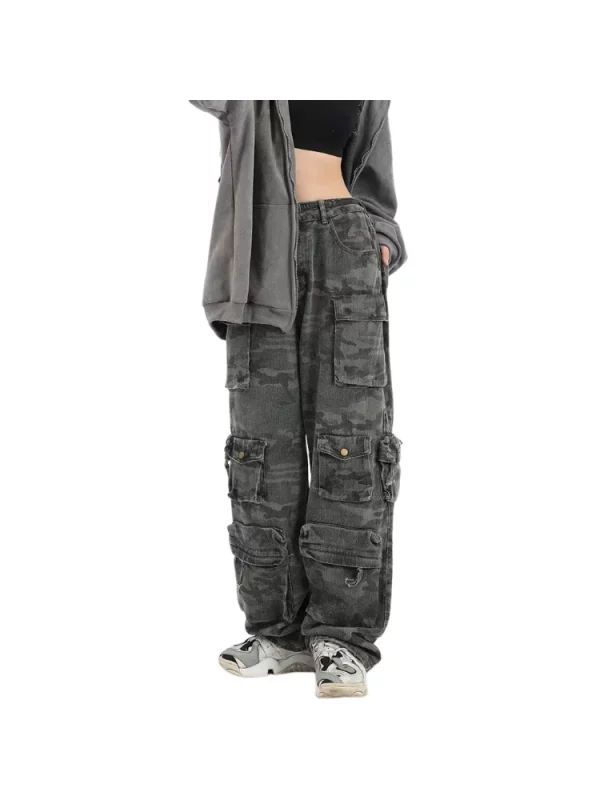 American Vintage Camouflage Denim Cargo Pants - Y2K Streetwear Grunge Wide Leg Jeans