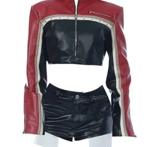 American Vintage Cyber Punk 2-Piece Faux Leather Shorts Set: Racer Jacket & Grunge Hot Pants