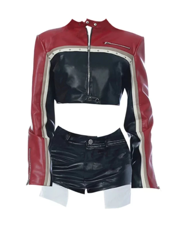 American Vintage Cyber Punk 2-Piece Faux Leather Shorts Set: Racer Jacket & Grunge Hot Pants