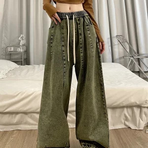 American Vintage Women Cargo Denim Pants - Y2K Grunge Jeans with Elastic Waist and Multi-Pocket Design