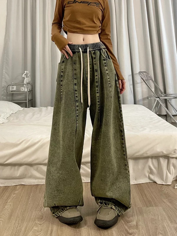 American Vintage Women Cargo Denim Pants - Y2K Grunge Jeans with Elastic Waist and Multi-Pocket Design