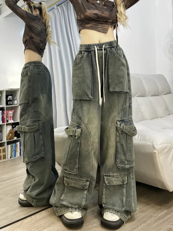 American Vintage Women Cargo Denim Pants - Y2K Grunge Jeans with Elastic Waist and Multi-Pocket Design