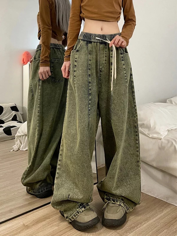 American Vintage Women Cargo Denim Pants - Y2K Grunge Jeans with Elastic Waist and Multi-Pocket Design