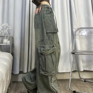 American Vintage Women Cargo Denim Pants - Y2K Grunge Jeans with Elastic Waist and Multi-Pocket Design