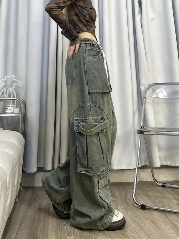 American Vintage Women Cargo Denim Pants - Y2K Grunge Jeans with Elastic Waist and Multi-Pocket Design