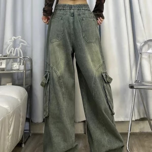 American Vintage Women Cargo Denim Pants - Y2K Grunge Jeans with Elastic Waist and Multi-Pocket Design