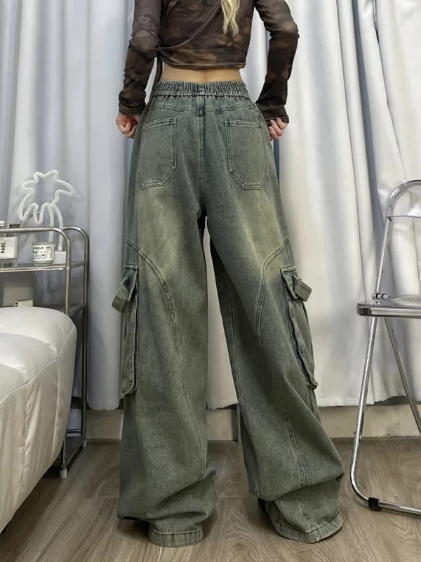 American Vintage Women Cargo Denim Pants - Y2K Grunge Jeans with Elastic Waist and Multi-Pocket Design