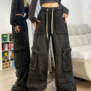 American Vintage Women Cargo Denim Pants - Y2K Grunge Jeans with Elastic Waist and Multi-Pocket Design