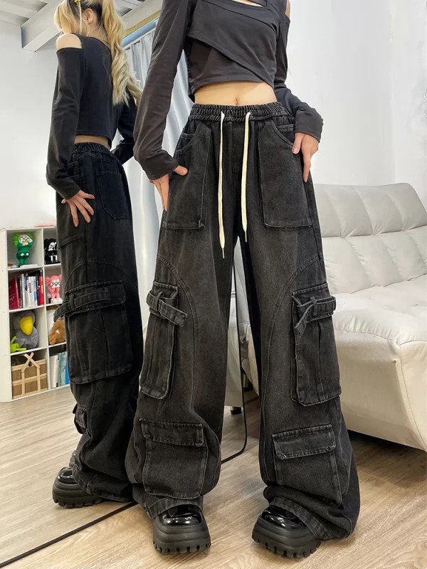 American Vintage Women Cargo Denim Pants - Y2K Grunge Jeans with Elastic Waist and Multi-Pocket Design