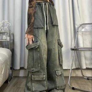 American Vintage Women Cargo Denim Pants - Y2K Grunge Jeans with Elastic Waist and Multi-Pocket Design