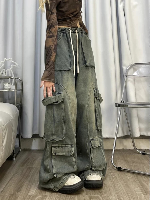 American Vintage Women Cargo Denim Pants - Y2K Grunge Jeans with Elastic Waist and Multi-Pocket Design