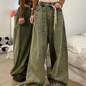 American Vintage Women Cargo Denim Pants - Y2K Grunge Jeans with Elastic Waist and Multi-Pocket Design