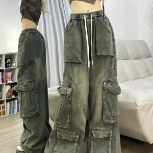 American Vintage Women Cargo Denim Pants - Y2K Grunge Jeans with Elastic Waist and Multi-Pocket Design