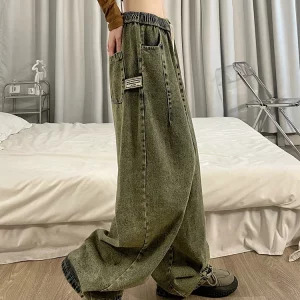 American Vintage Women Cargo Denim Pants - Y2K Grunge Jeans with Elastic Waist and Multi-Pocket Design