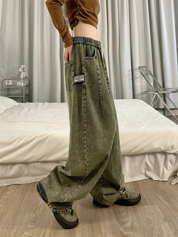 American Vintage Women Cargo Denim Pants - Y2K Grunge Jeans with Elastic Waist and Multi-Pocket Design