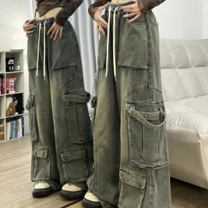 American Vintage Women Cargo Denim Pants - Y2K Grunge Jeans with Elastic Waist and Multi-Pocket Design