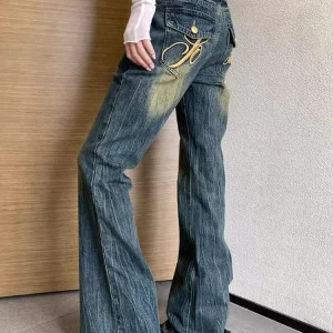 American Vintage Women Old Money Denim Pants - Grunge Bell Bottom Embroidered Low Rise Flare Jeans - Y2K