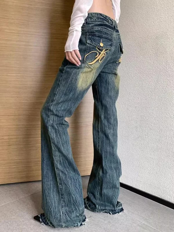 American Vintage Women Old Money Denim Pants - Grunge Bell Bottom Embroidered Low Rise Flare Jeans - Y2K