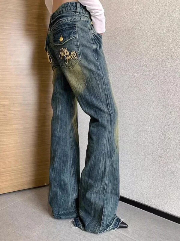 American Vintage Women Old Money Denim Pants - Grunge Bell Bottom Embroidered Low Rise Flare Jeans - Y2K