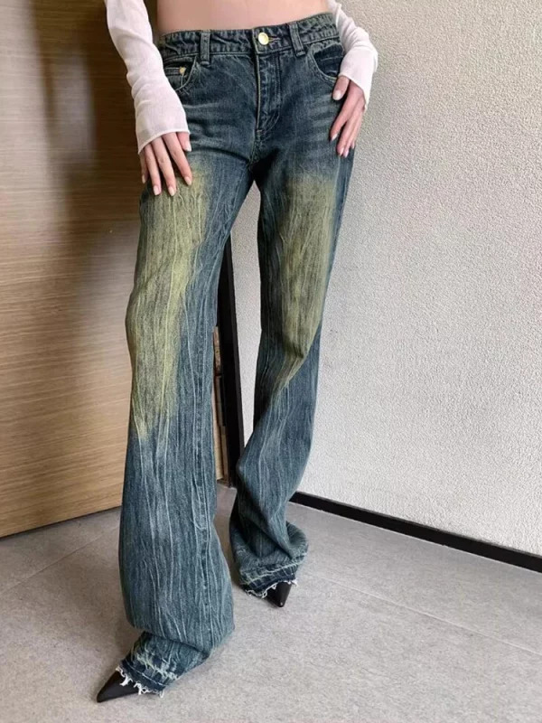 American Vintage Women Old Money Denim Pants - Grunge Bell Bottom Embroidered Low Rise Flare Jeans - Y2K