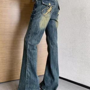 American Vintage Women Old Money Denim Pants - Grunge Bell Bottom Embroidered Low Rise Flare Jeans - Y2K