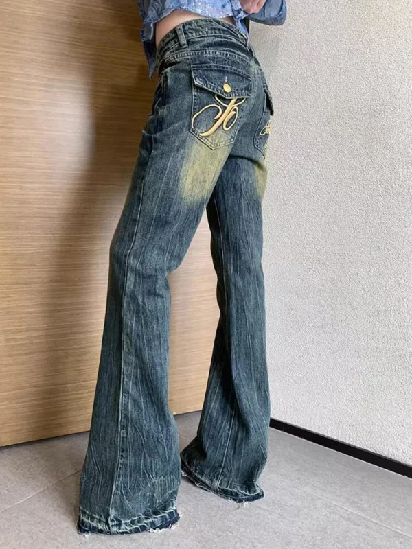 American Vintage Women Old Money Denim Pants - Grunge Bell Bottom Embroidered Low Rise Flare Jeans - Y2K