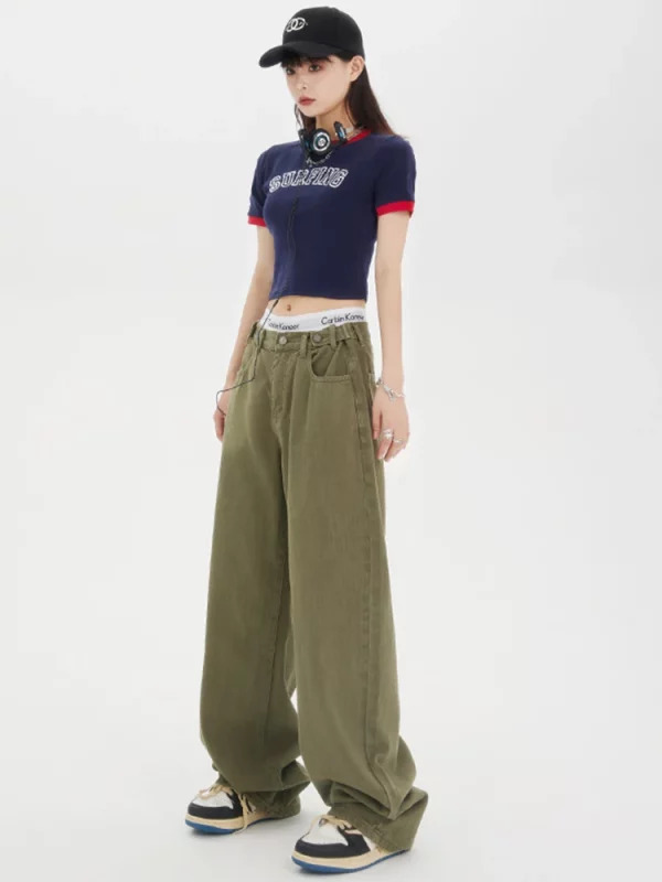 American Vintage Y2K Green Denim Baggy Jeans - Streetwear Chic Wide Leg Trousers